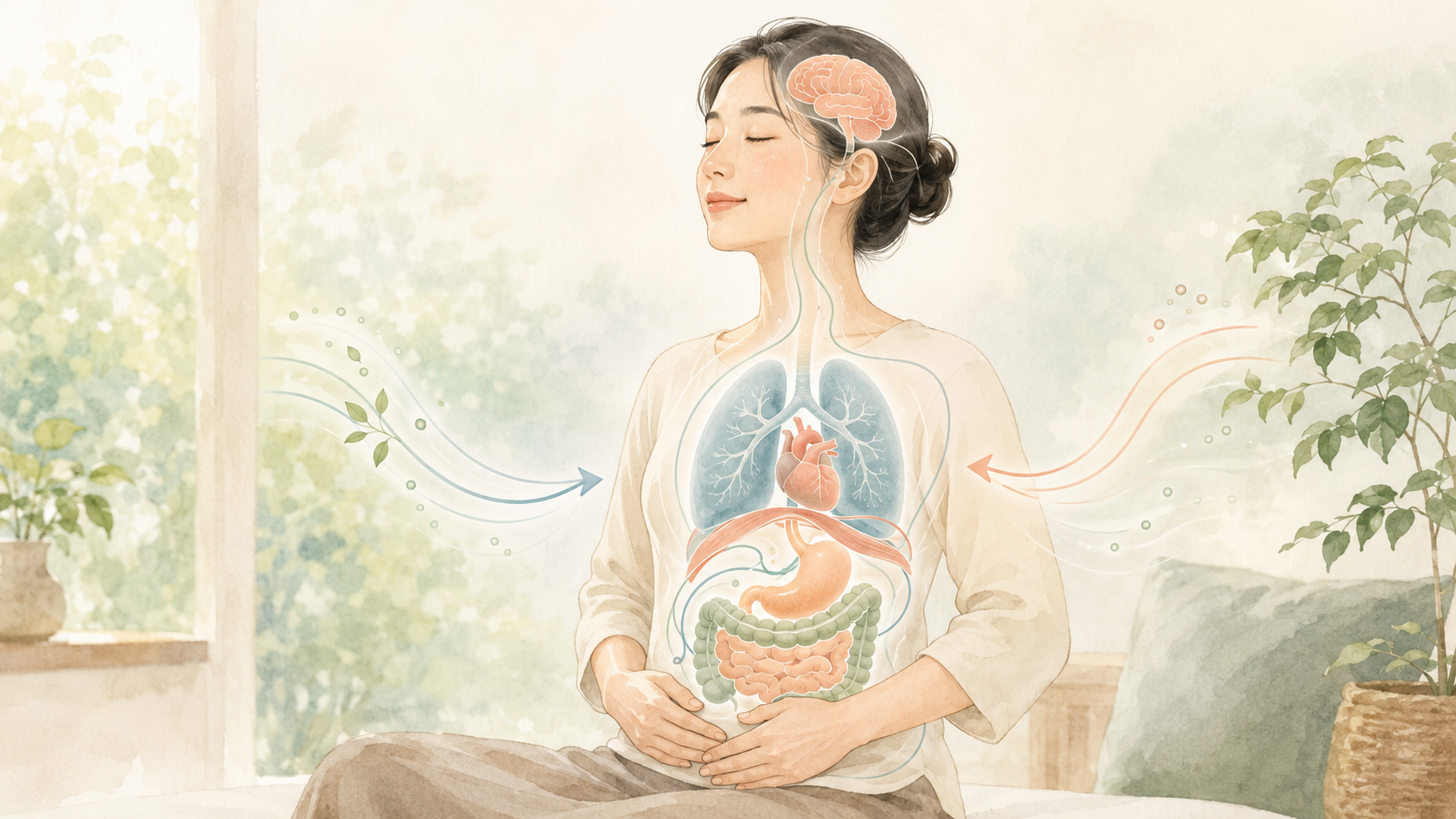 呼吸する女性と脳・肺・心臓・消化器のつながりを示すイラスト