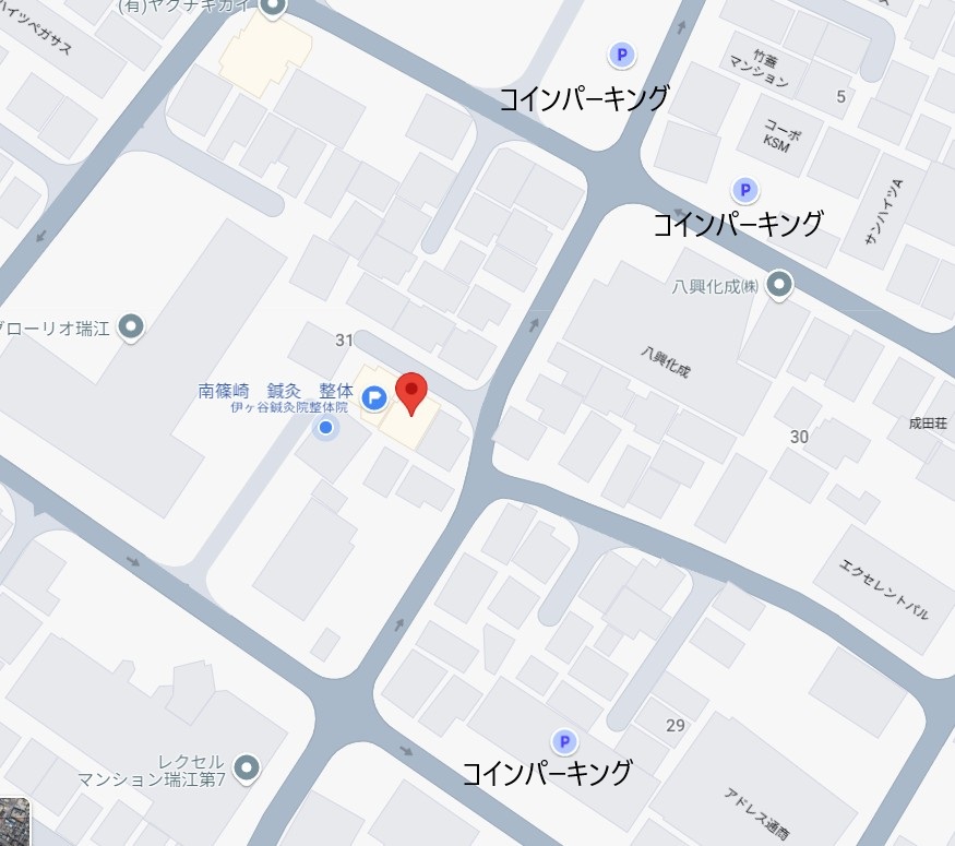 伊ヶ谷鍼灸整体院と周辺コインパーキングの案内図