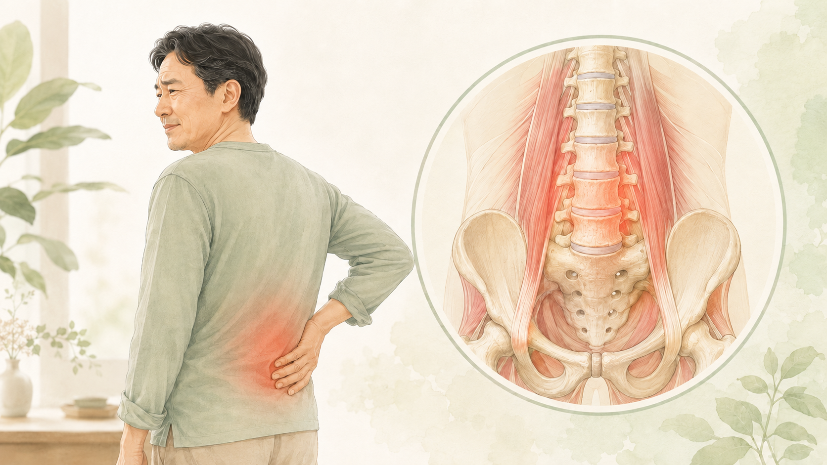 腰を押さえる男性と腰椎・骨盤周囲の解剖イラスト