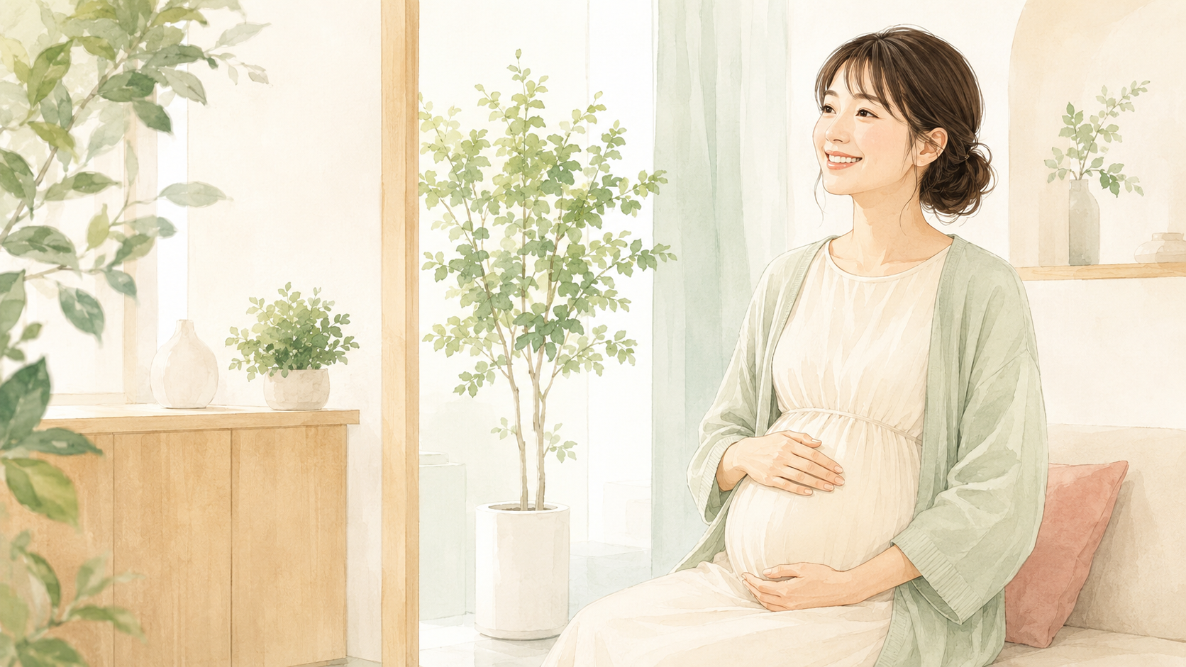 安心した表情でお腹に手を添える妊婦のイラスト