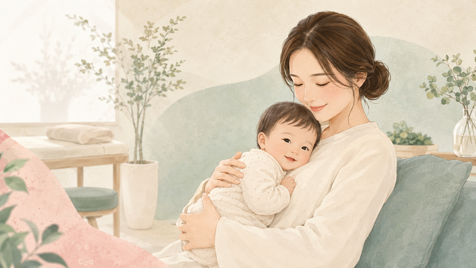 赤ちゃんをやさしく抱く産後のお母さんのイラスト