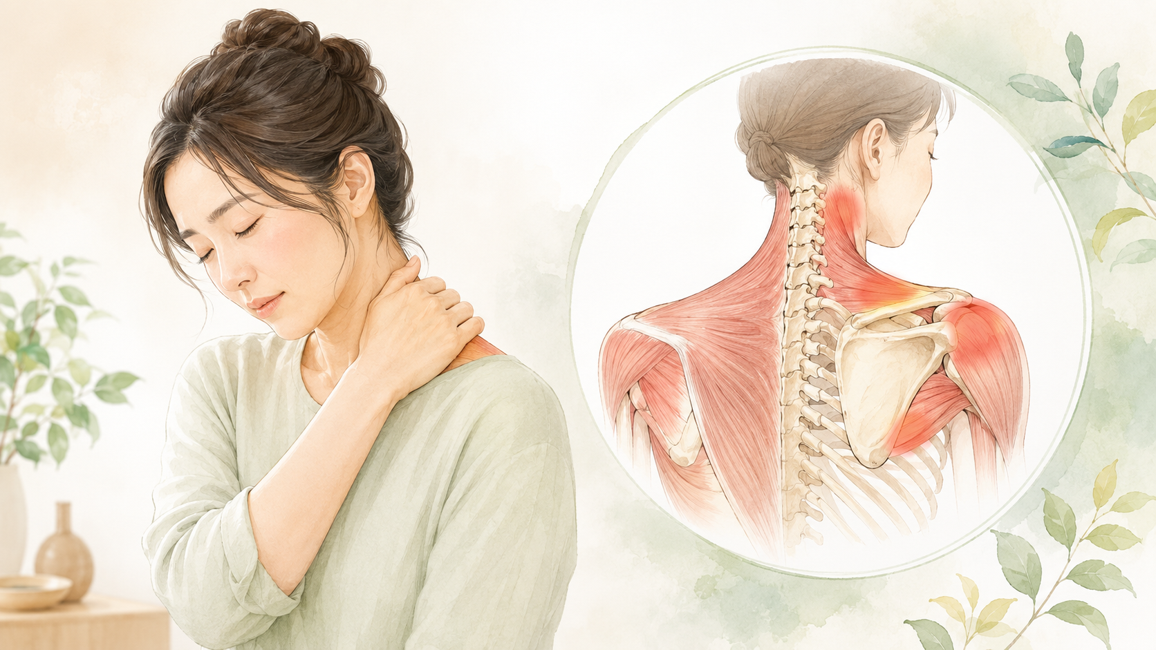 首と肩に手を添える女性と首・肩周囲の解剖イラスト